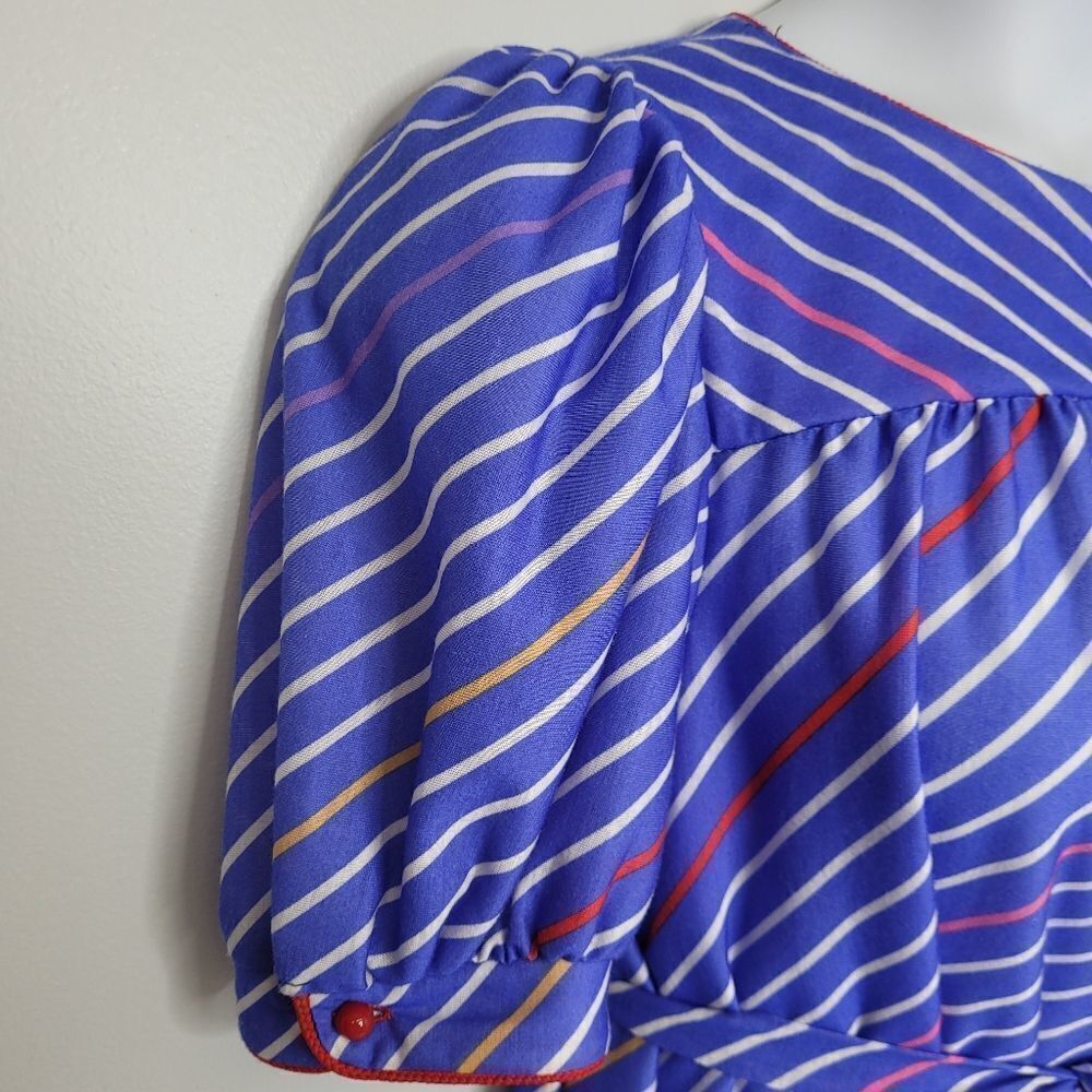 VINTAGE 70s‎ dress blue striped puff sleeve tie waist midi M - Picture 4 of 11